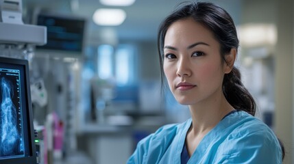 Obraz premium A healthcare professional wearing scrubs is concentrating on patient imaging in a well-equipped medical facility, showcasing dedication and expertise in the field