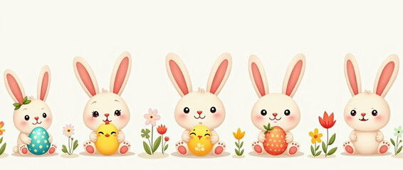 Obraz premium Adorable hand-drawn Easter bunnies holding colorful eggs, sitting on a vibrant floral meadow.