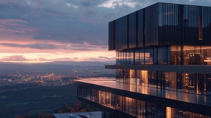 Fototapeta premium This stunning contemporary residence offers a breathtaking view of the city skyline at sunset