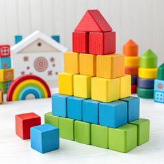 Colorful wooden building blocks pyramid with toy house and rainbow