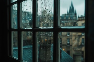 Raindrops on windowpane with a view of historic buildings and spires in a gloomy atmosphere during early evening