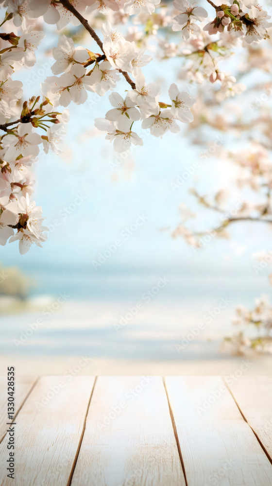 Aufkleber empty wooden table perspective with blooming cherry tree branches over blurred seascape background f