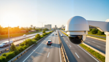 Surveillance camera monitoring highway traffic during daytime, security concept