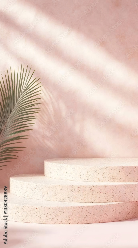 Poster Minimal background for branding and packaging presentation. Terrazzo podium with palm leaf casting shadows on pink wall
