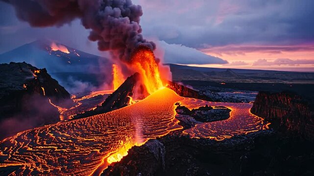 Spektakul&auml;rer Lavastrom mit rauchendem Krater