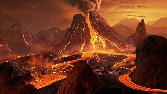 Gl&uuml;hender Lavastrom flie&szlig;t &uuml;ber eine zerkl&uuml;ftete Vulkanlandschaft