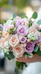 Obraz premium Wedding bouquet with pink and violet roses and eucalyptus leaves held by a bride on her wedding day