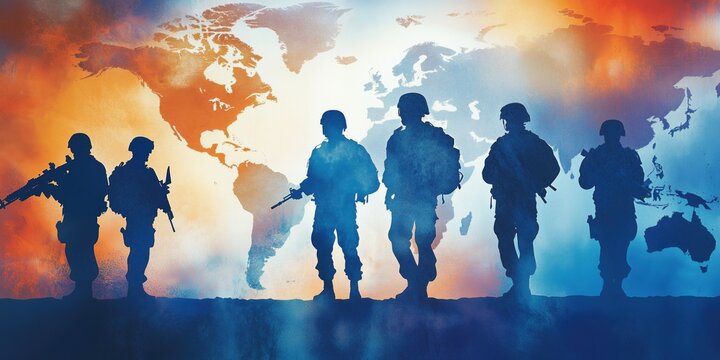 Soldiers standing in silhouette against a colorful world map, representing global unity and military presence during active duty
