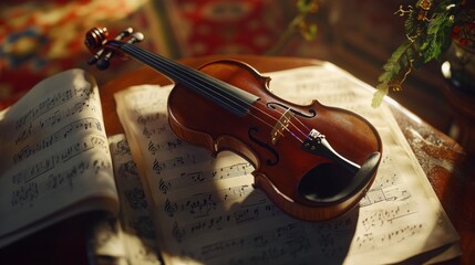 Naklejka premium A beautifully crafted violin rests on an open sheet music book. The warm light enhances the rich wood tones. Perfect for music lovers and art enthusiasts. Generative AI