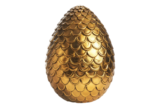 Shiny golden Easter egg with a detailed dragon scale texture, isolated on white transparent background. Symbol of fantasy, mystery, and mythical creatures