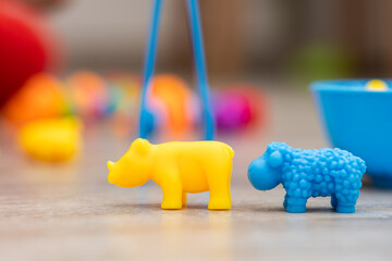 Yellow and blue toys for a child. How Ukrainian children play. Children during the war in Ukraine....