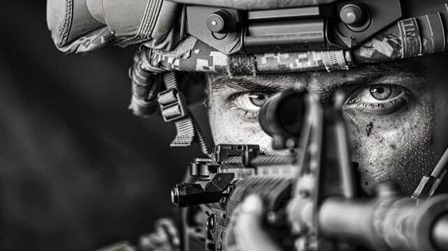 Scharfsch&uuml;tze in schwarz-wei&szlig; Aufnahme mit Fokus auf sein Auge