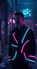 Naklejka premium Neon Nights: Cyberpunk Fashion in City Alley