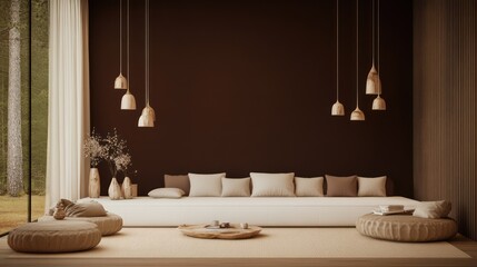 A minimalist living room with a deep brown backdrop and a large white sofa