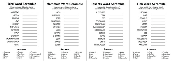 Animals Word Scramble and Puzzle, Collection of Insects, Mammals, Birds, Fish Leisure, Hobby and Fun Educational Game for Kids, Teens & Adults