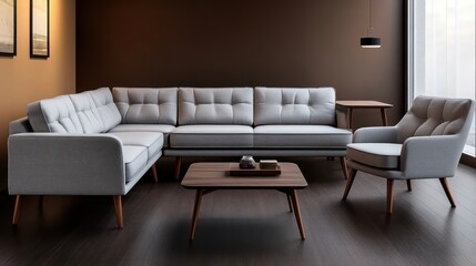 A minimalist living room with a sleek gray fabric corner sofa and matching armchair, both with wooden legs