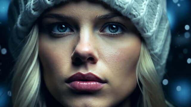 Frau mit blauen Augen in verschneiter Landschaft