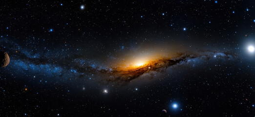 Fototapeta premium A breathtaking view of a distant galaxy illuminated by stars and surrounded by celestial bodies. The vastness of space creates an awe-inspiring atmosphere at night