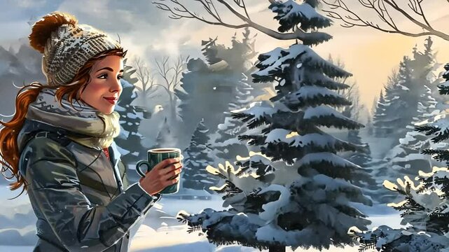 Frau mit Winterm&uuml;tze genie&szlig;t hei&szlig;en Tee im Schnee