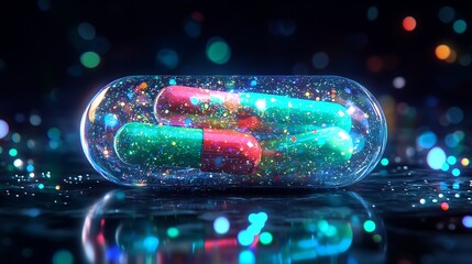 Glowing futuristic pill capsule with liquid and crystals in sci-fi medical concept

