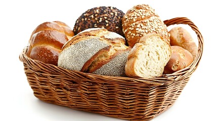 A basket of bread is sitting on a white