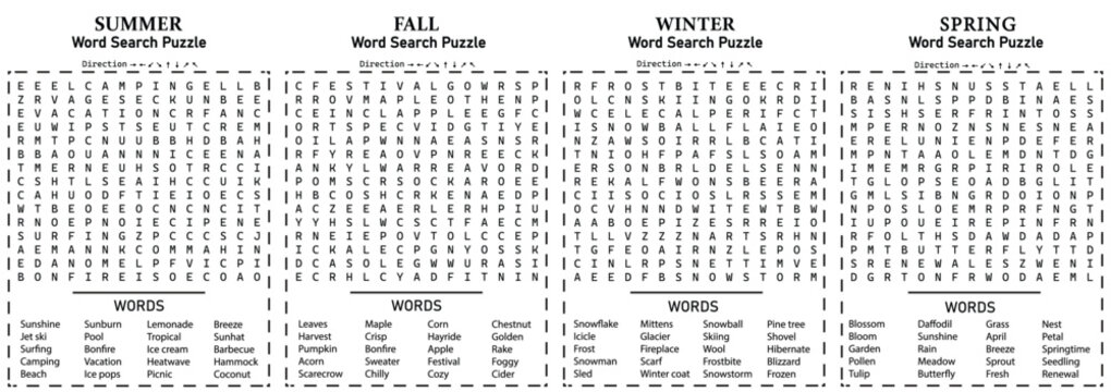 All Seasons 4 Word Search 15x15 Puzzle Games for Kids, Teens and Adults - Summer, Fall, Winter, Spring, Difficult and Fun
