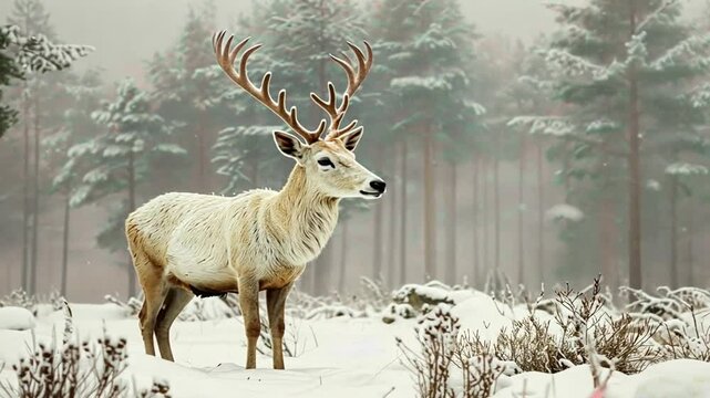 Wei&szlig;er Hirsch in verschneiter Waldlandschaft