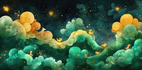 Fototapeta premium Whimsical illustrated sky filled with colorful clouds and small animals