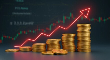 Rising financial market upward trend stacks of coins with increasing value