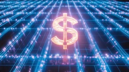 Dollar Symbol on digital grid, financial tech concept
