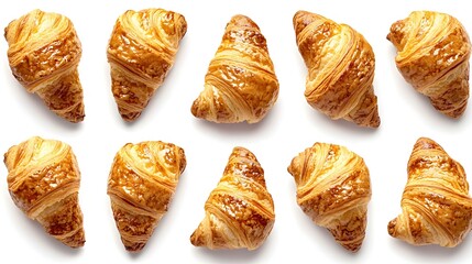 Coffee cup croissant layout on white background