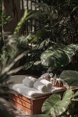 Serene Spa Bath: Luxurious Towels and Tropical Greenery