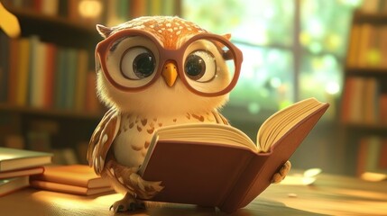 Cute owl reading a book in a library setting