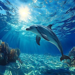 Dolphin swimming ocean coral reef sun