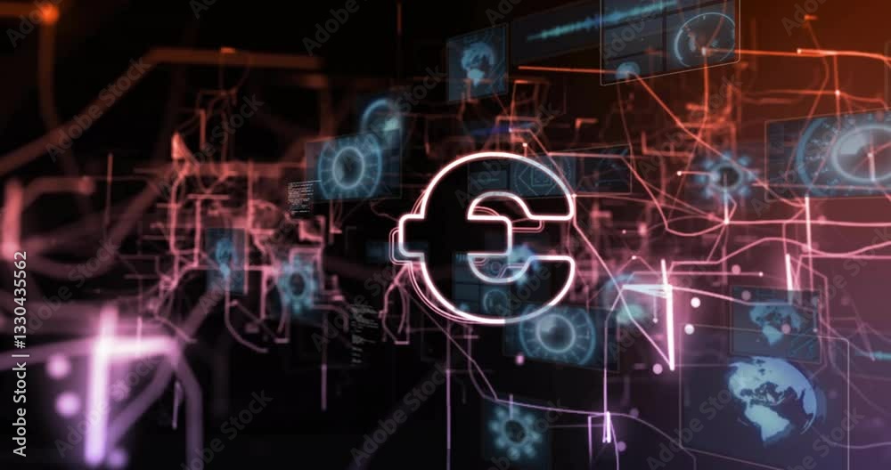 Poster euro symbol with digital network and data processing animation in background