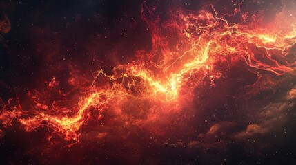 Fototapeta premium Bright, swirling patterns of red and orange create an electrifying scene in the night sky. This cosmic display showcases the beauty of energy and motion against a dark backdrop