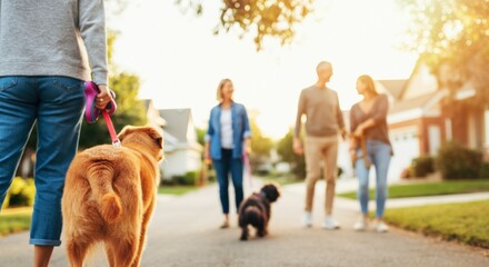 Fototapeta na wymiar Casual stroll in suburban neighborhood with dogs and friends on sunny day
