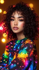 Fototapeta premium Young woman with curly hair smiles in a vibrant, colorful sweatshirt. Festive lights create a warm background.