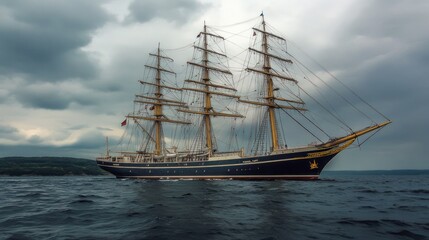 A large three masted sailing ship navigating the stormy ocean waters