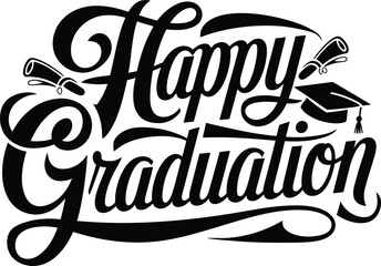 Obraz premium Happy Graduation Calligraphy Vector with Cap and Diploma