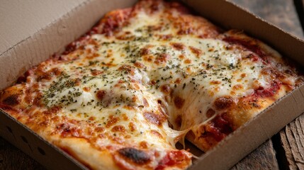 A delicious slice of pizza is presented in a takeout box, showcasing melted cheese, a flavorful sauce, and fresh herbs. This tempting dish is perfect for a casual meal at home, ideal for sharing