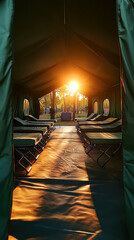 Naklejka premium Golden sunset illuminates rows of cots inside a large army green canvas tent, creating a tranquil campsite scene