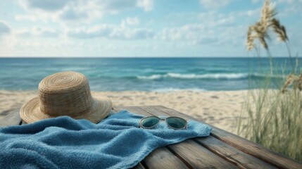 Relaxing beach scene with straw hat, sunglasses, and towel
