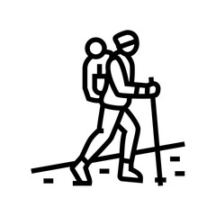 hiking backpack and walking stick line icon vector illustration