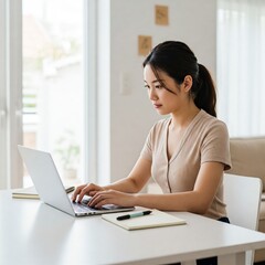 Mujer joven trabajando desde casa en su computadora portátil, sentada en un escritorio moderno con luz natural y un ambiente organizado y acogedor. Teletrabajo