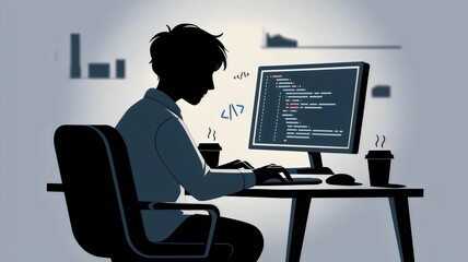 Silhouette of a programmer coding at a desk at night