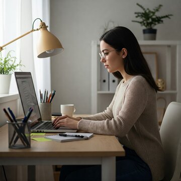 Mujer joven concentrada escribiendo en una computadora port&aacute;til desde su oficina en casa, en un ambiente moderno con decoraci&oacute;n minimalista y luz c&aacute;lida. Teletrabajo. 