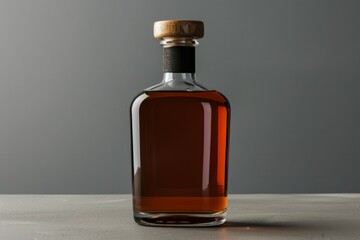 Whisky or cognac alcohol glass bottle on table with a dark grey background. High definition photo
