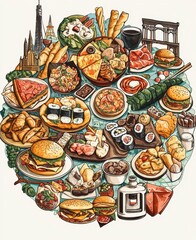 Colorful Food Illustration Featuring Diverse Cuisines and Dishes