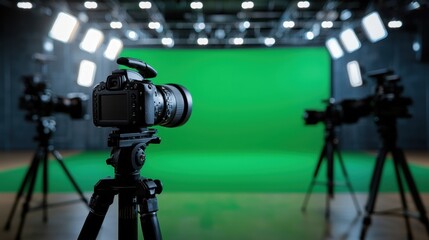 A spacious studio features several cameras focused on a vibrant green screen, illuminated by bright lights. The environment suggests preparations for a video shoot or film project